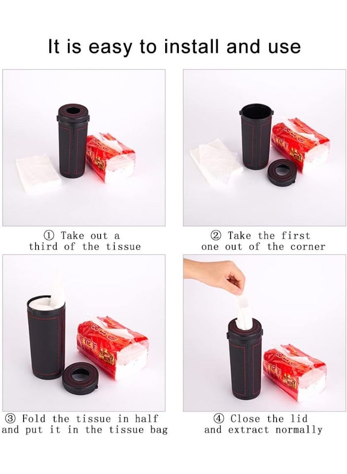 FAYET Car Cup Holder Tissue Dispenser Cylinder, Stylish ABS and Leather Travel Napkin Holder, Portable Round Tissue Canister for Vehicle, Home, Office (Black) - Image 5